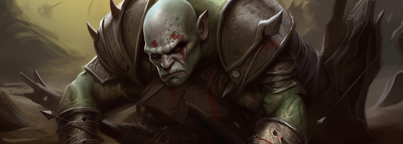 a huge pale-skinned orc lies on the ground, defeated.