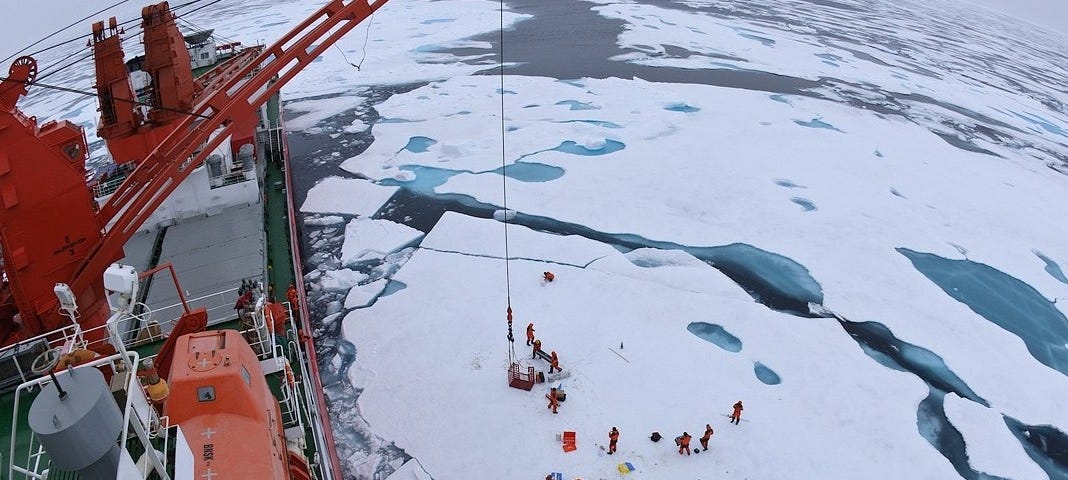 Drift ice camp in the middle of the Arctic Ocean as seen from the deck of icebreaker Xue Long, July 2010. Photo by Timo Palo/Wikimedia Commons