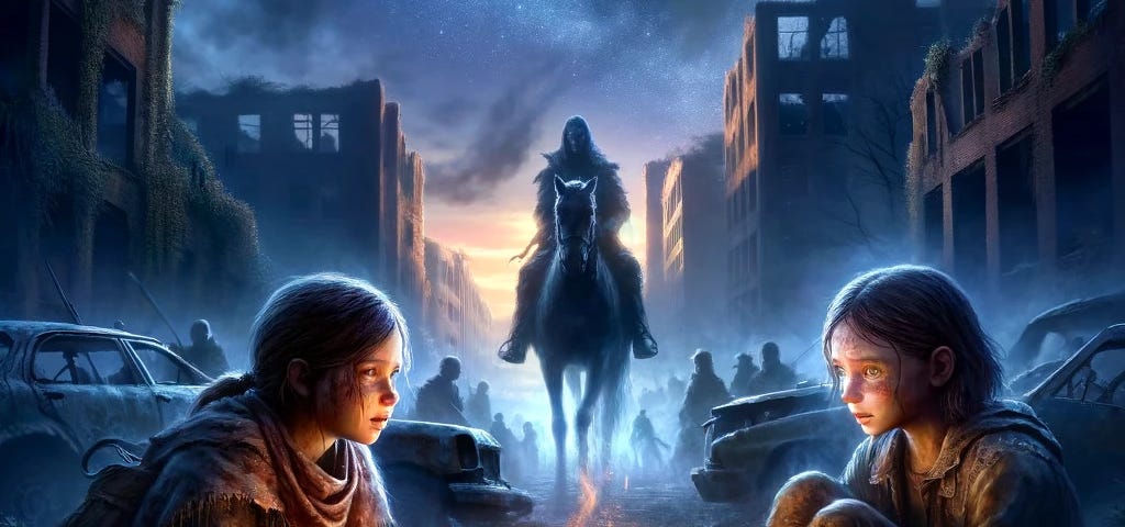 Survivors at dusk in a ruined city with a mysterious horseman symbolizing hope, amidst crumbling buildings and a starlit sky transitioning to dawn, capturing a moment of resilience and rebirth.
