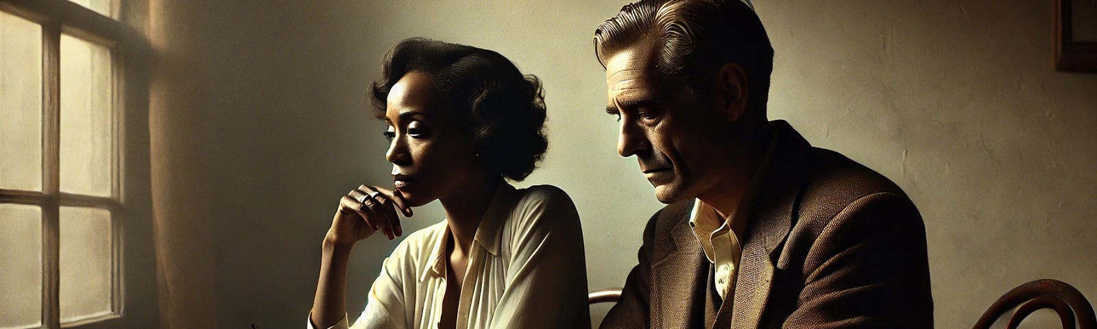 A poignant and introspective scene inspired by the style of portrait artist Simmie Knox, featuring a middle-aged interracial couple, with a Black woman and a White man, sitting at a small table in a dimly lit room.