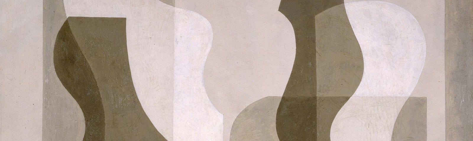 A painting featuring a collection of vague gray and white shapes overlaying each other on a gray background.