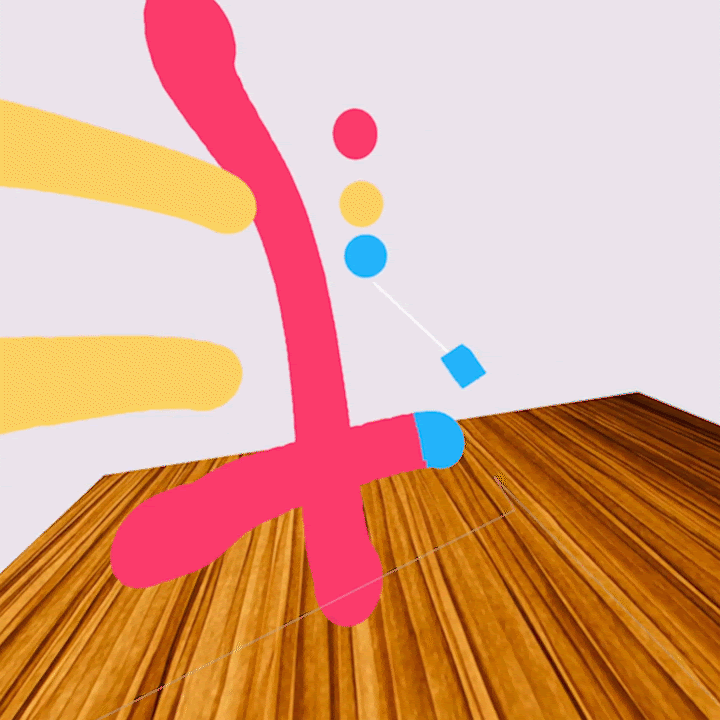 A curved, blue brush stroke is drawn within a virtual space. Next, the user’s brush moves upwards and points a white ray at a red sphere up in the distance. Then, the user moves their brush down and draws a red brush stroke.