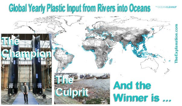 Garbage patch of plastic. Yearly plastic input from rivers into oceans and Boyan Slat’s Ocean Cleanup project.