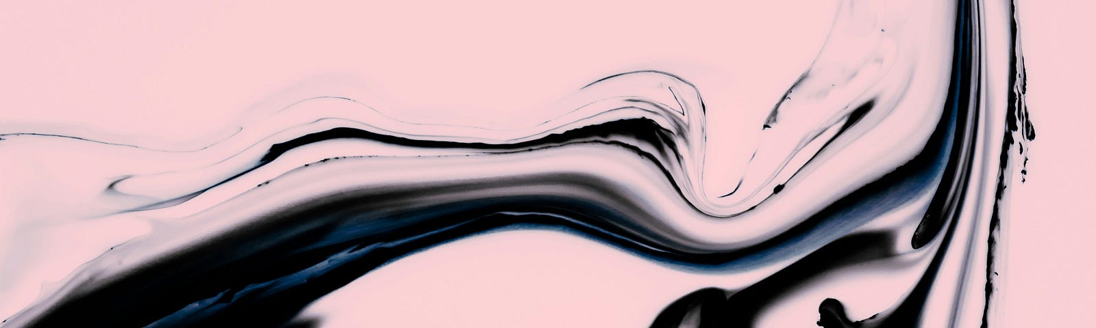 An abstract painting of light pink with black elongated curves forming a distorted long neck (with an eye) and a body.