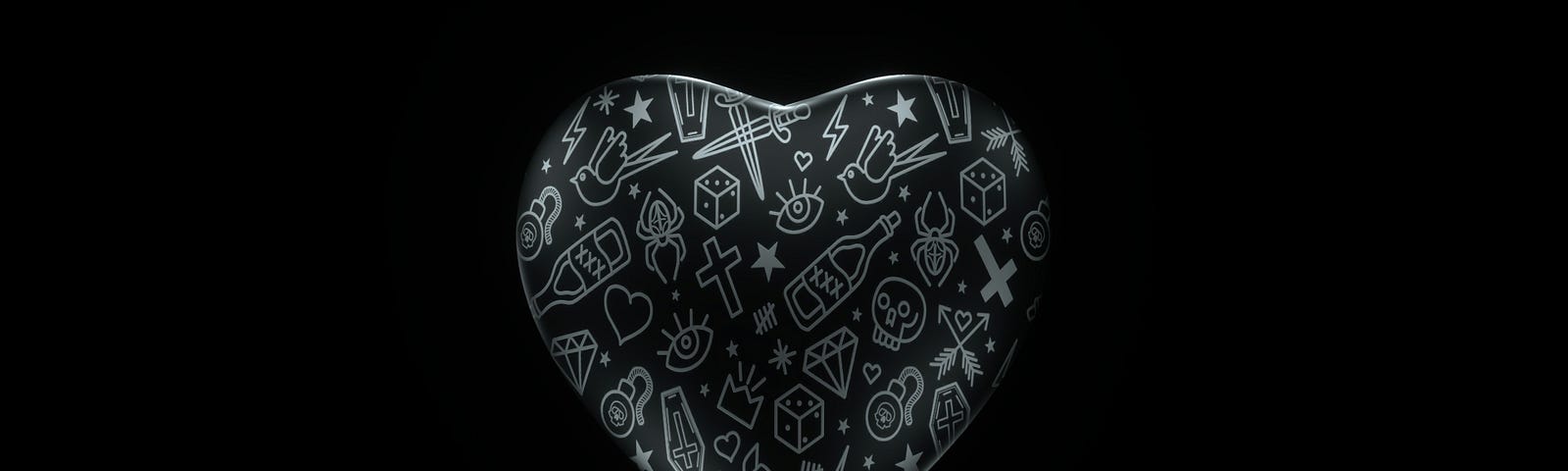 A dark heart with symbols carved in, on a black background.