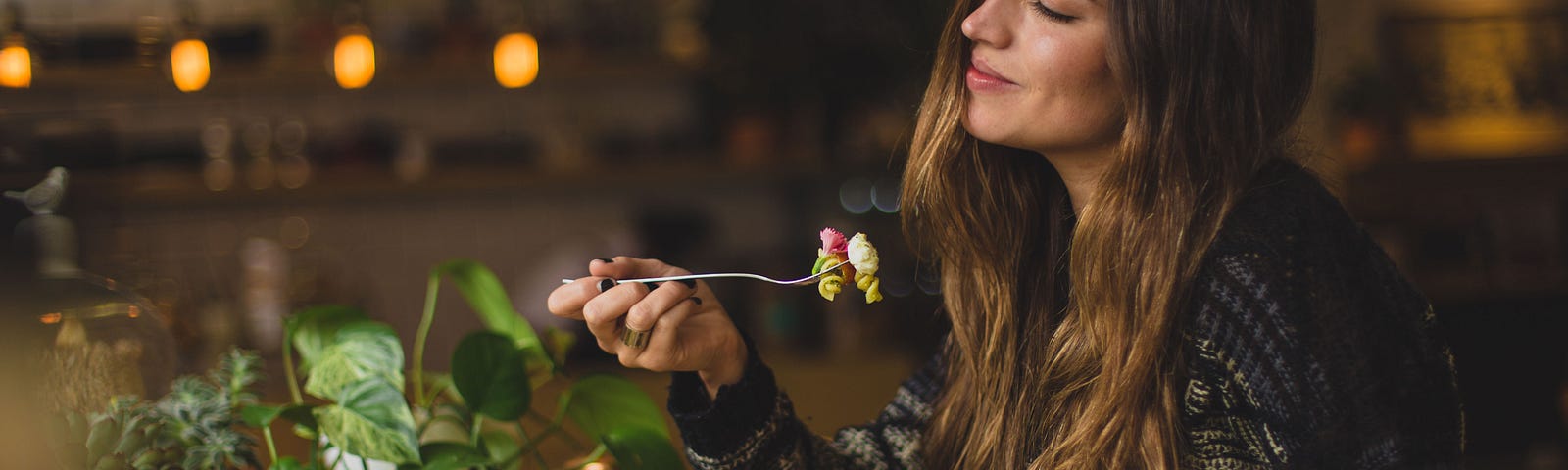 A woman savors her food and how much she is able to eat.