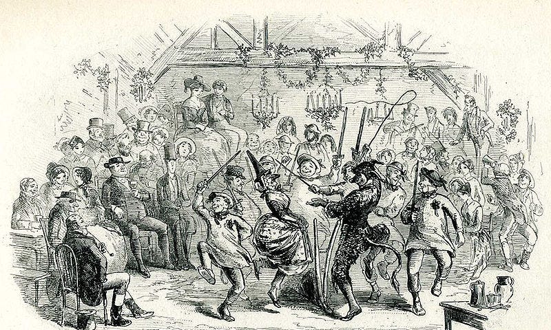 A black and white drawing of a party featuring masquerading, dancing, and other merriment.
