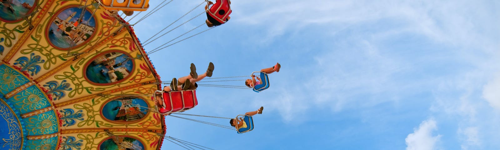 A picture of a giant, colorful merry-go-round from below