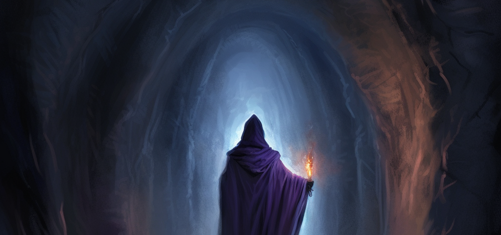 a robed figure in a shadowy stone tunnel,