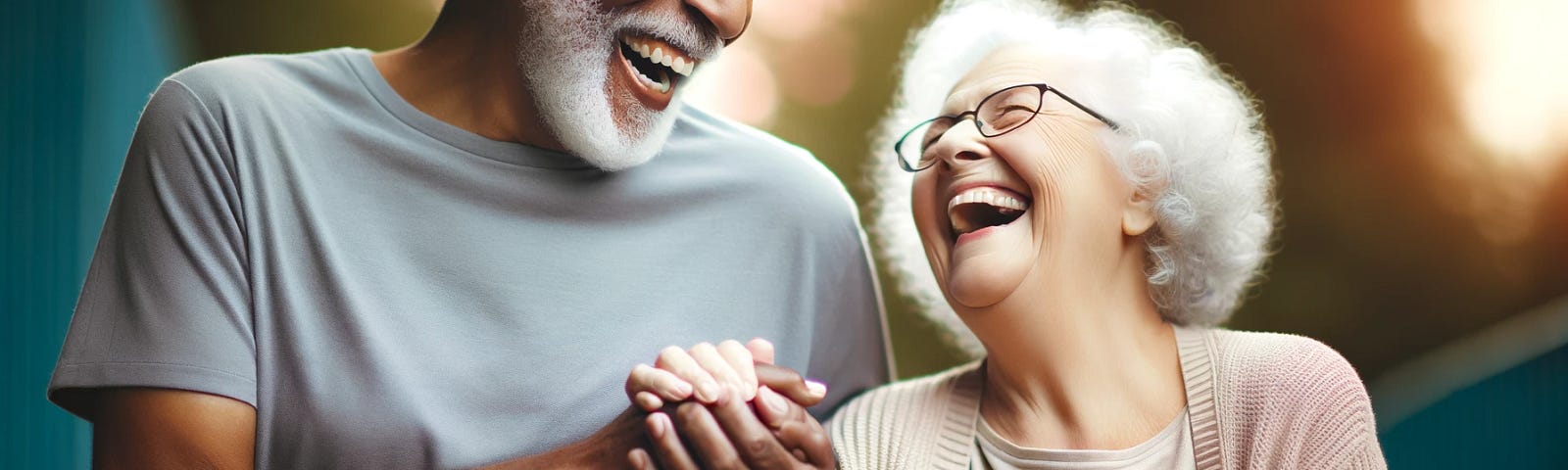 Two seniors laughing and holding hands, symbolizing companionship and joy in their twilight years, with a soft-focus background,