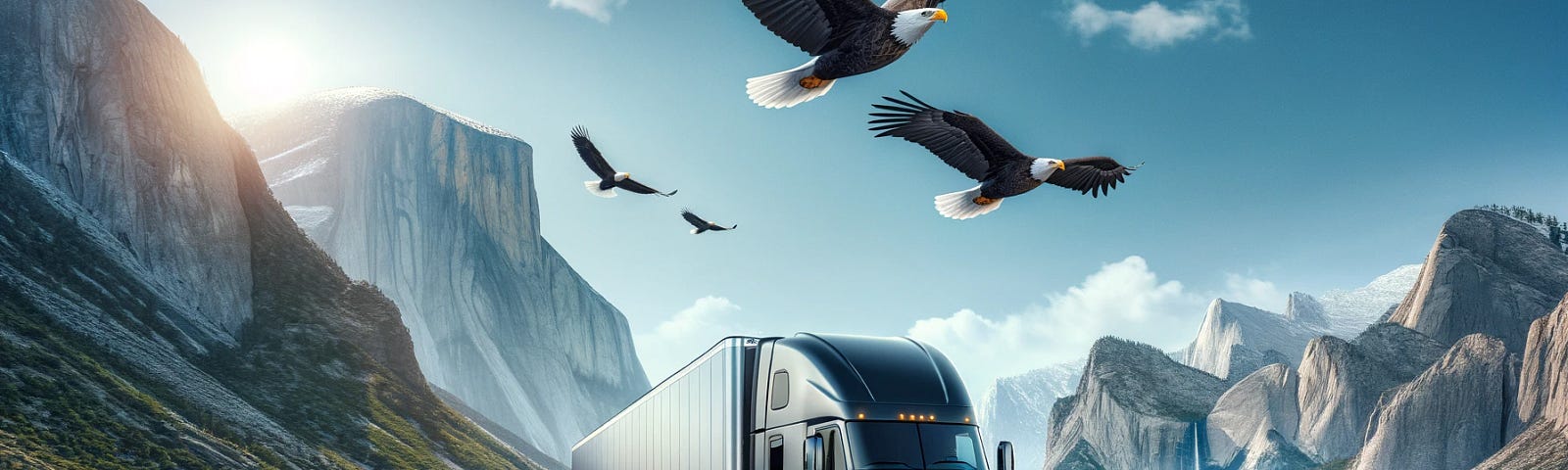 ChatGPT & DALL-E generated panoramic image depicting a battery electric, big 18-wheeler semi-truck on a mountain highway, under a bright sky with eagles soaring overhead.