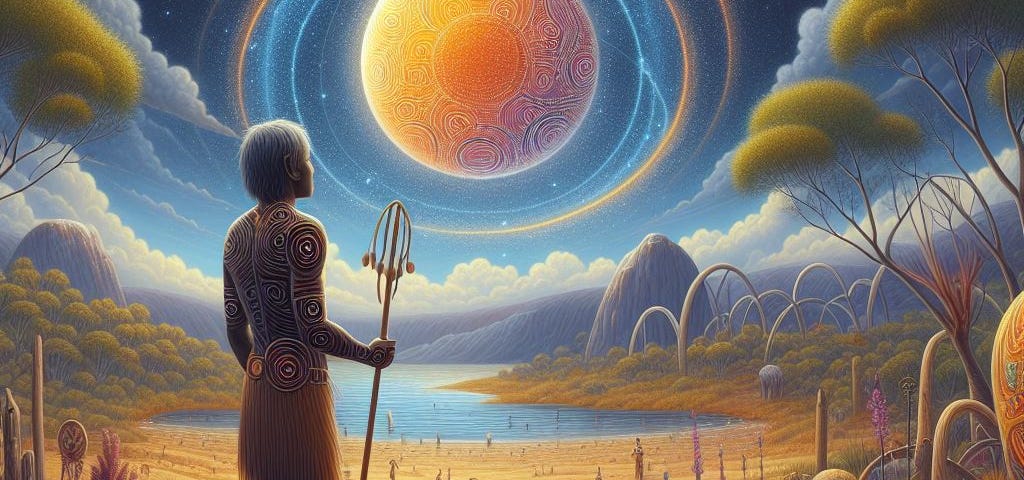 an Australian aborigine looking at an unknown planet in the sky