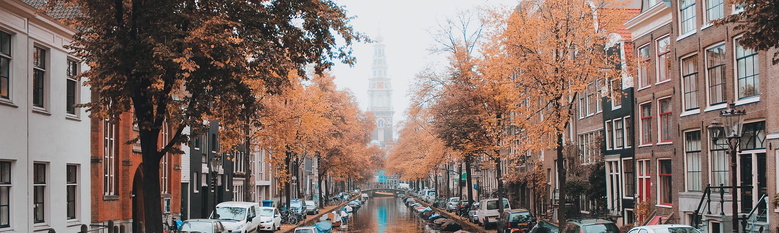 Amsterdam canals in autumn with orange and brown leaves on the trees and floating on the canal alongside small boats.