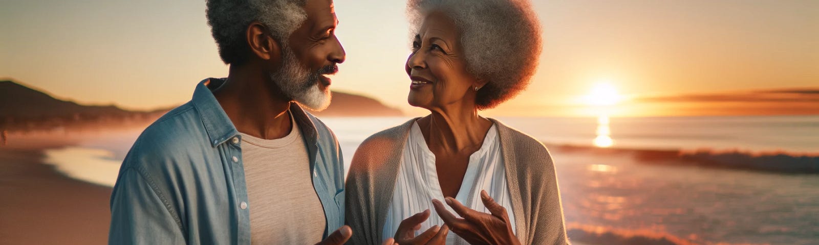 A mature couple enjoying a heartfelt conversation on a sunset beach walk, depicting balance and connection,