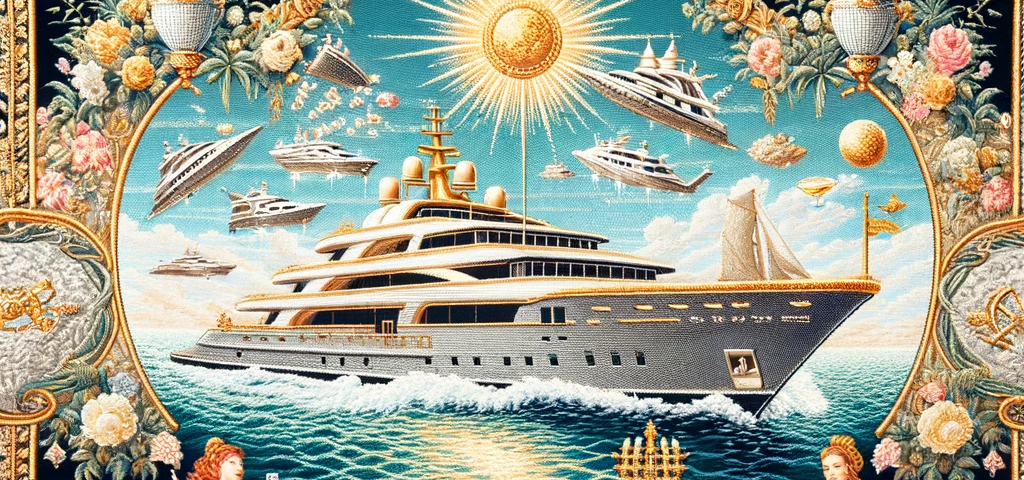 An ornate tapestry depicting a lavish scene with a super-yacht and bikini-clad models enjoying an opulent party on the sea. The artwork is rich in gold and jewel tones, with intricate details that highlight the luxury and extravagance of the setting.