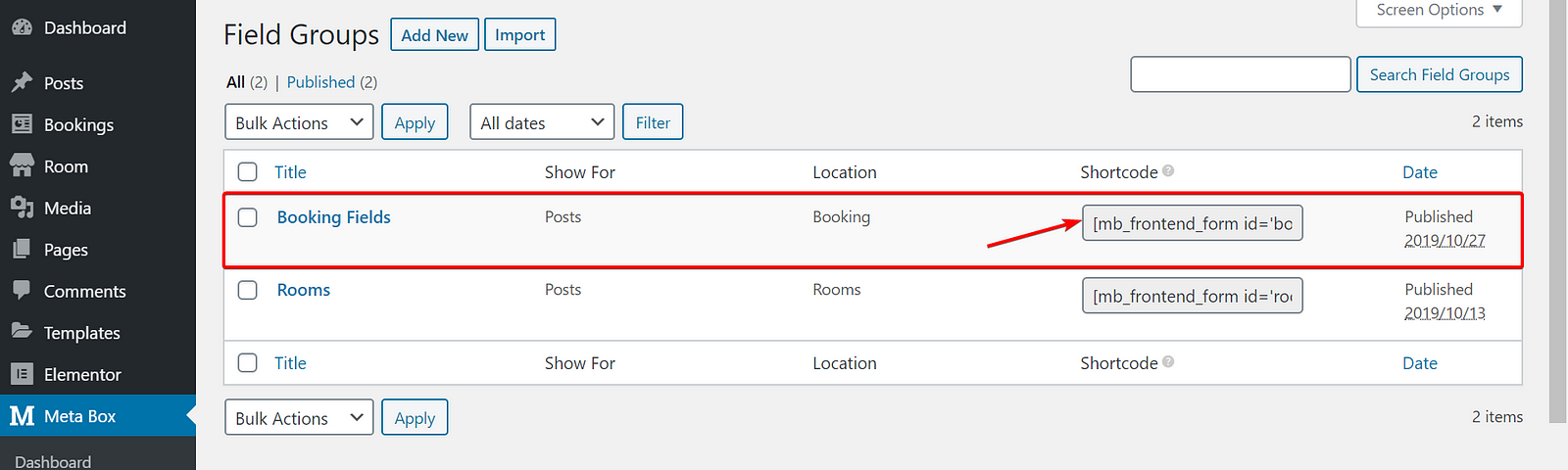 Get the Shortcode of the Field Group which Show the Booking Form