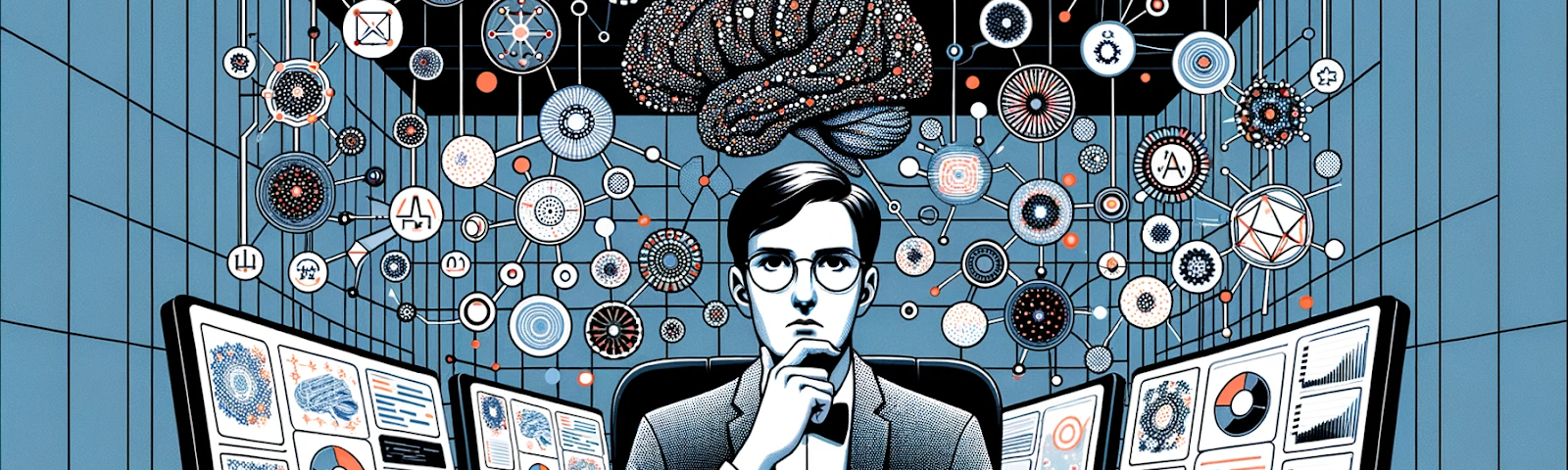 Illustration of an individual with medium skin tone sitting at a desk with four computer monitors displaying various graphs and data visualizations. The person is wearing a dark suit, white shirt, and glasses, with their right hand resting on their chin in a thoughtful pose. Behind them, a stylized brain floats with numerous interconnected icons and symbols representing different thoughts or concepts, all set against a dark blue background with a grid pattern.