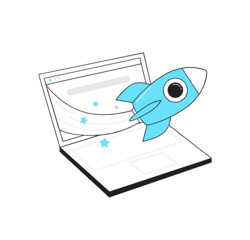 A laptop illustration with a small rocket brusting from its screen.