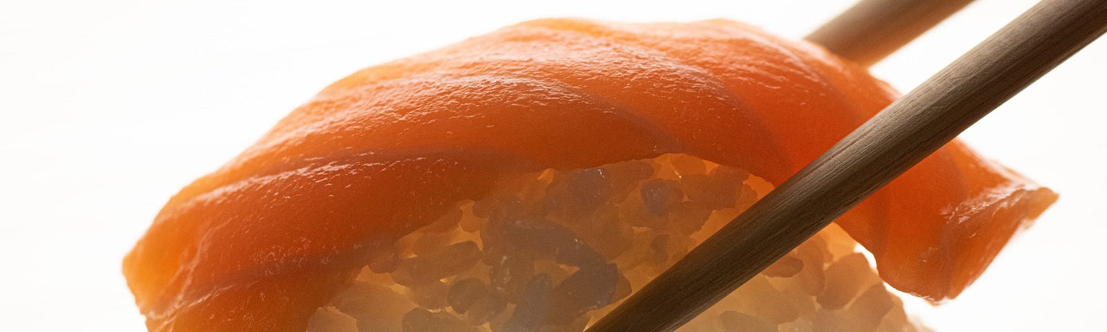A salmon nigiri in close-up, held between two chopsticks