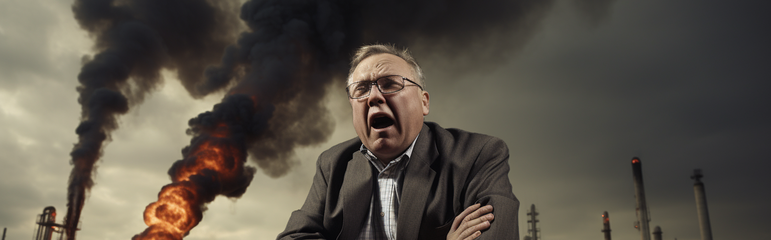 Midjourney generated image of fossil fuel lobbyist reacting to being challenged