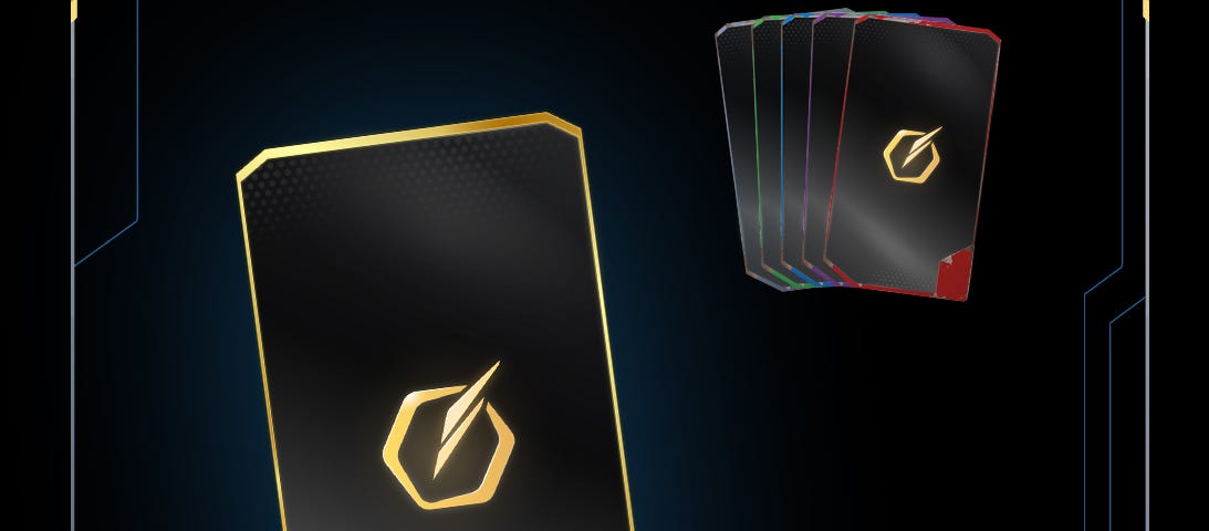 A gold card back, with the Faction card backs in the background.