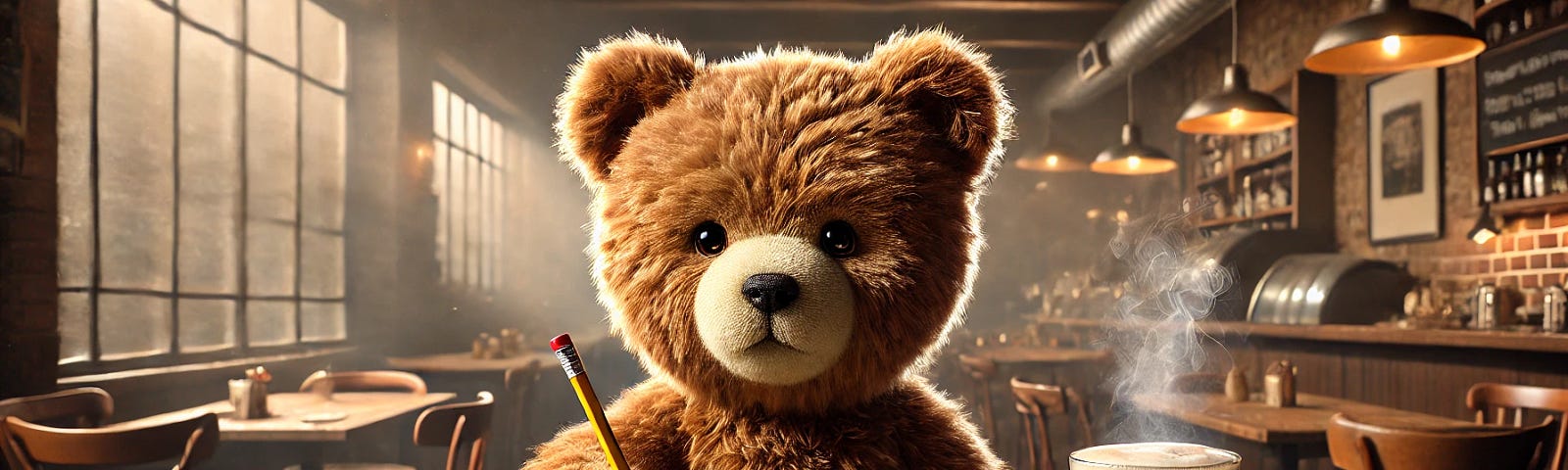 A cinema-quality image of a cute teddy bear sitting at a wooden table in a cozy coffee shop. The teddy bear has incredibly detailed, soft brown fur with lifelike texture and a friendly expression. It is holding a pencil and is focused on solving math problems in an open notebook on the table. The coffee shop is depicted with a cinematic feel, featuring dramatic, warm lighting, rustic wooden furniture, and a cozy, inviting atmosphere. A steaming cup of coffee sits next to the teddy bear.