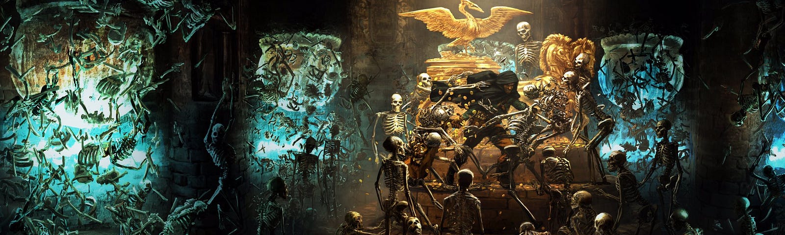 An adventurer fights off hordes of skeletons in an ancient tomb.