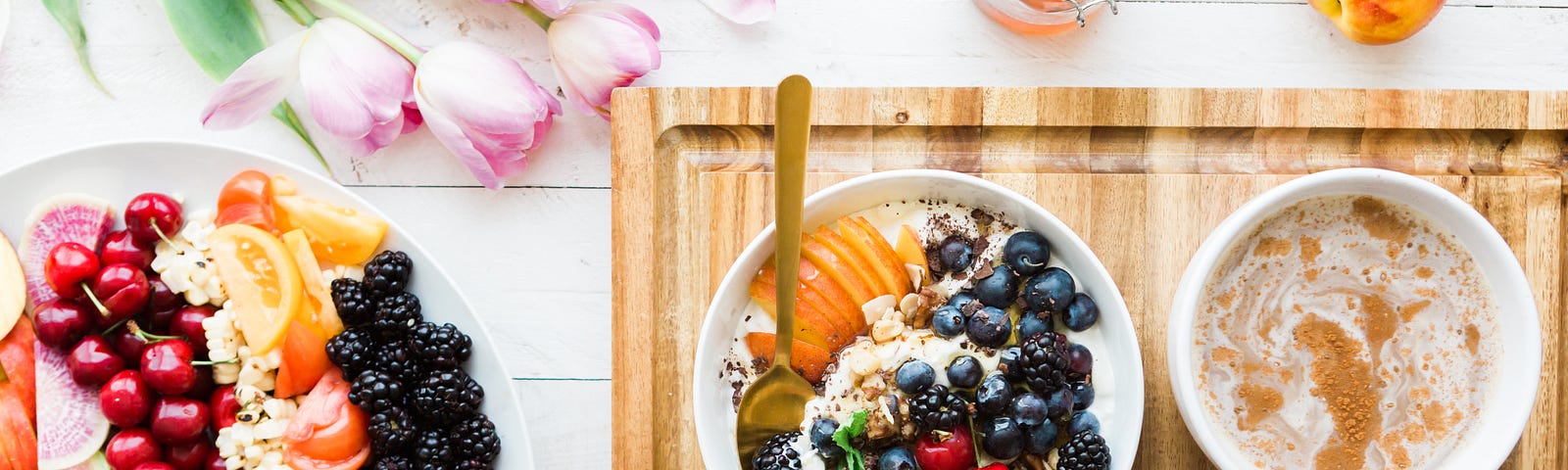 Healthy food choices on a wooden tray