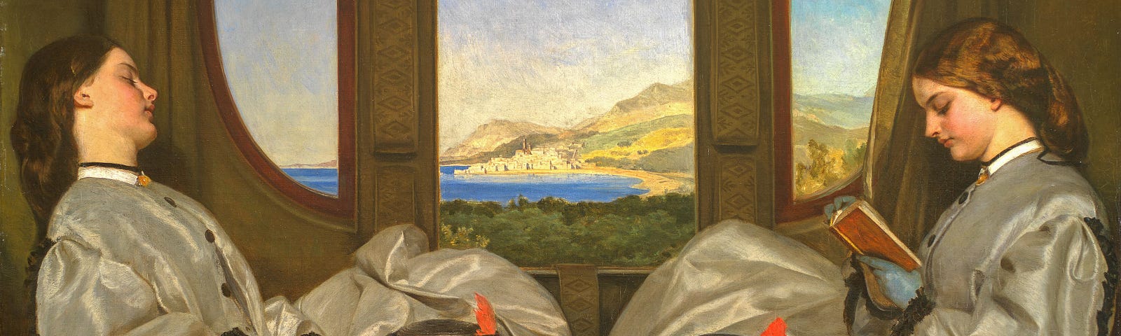 A painting of two Victorian women in matching grey dresses. They’re sitting across from each other in train compartment. One is napping and the other reading. The view through their window looks like it could be the Italian coast.