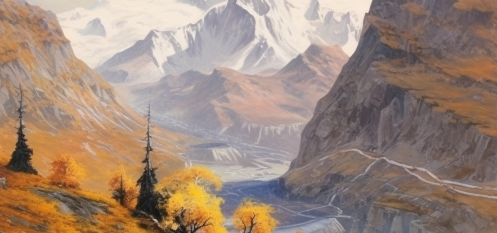 desolate landscape, cliffs and dramatic scenery, snow-capped mountains further away