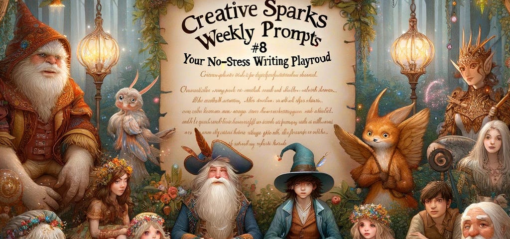 Enchanting fairytale forest with diverse characters around a scroll, “Creative Sparks Weekly Prompts #8” displayed, showcasing magical creatures and vibrant flora for a captivating, no-stress writing adventure.
