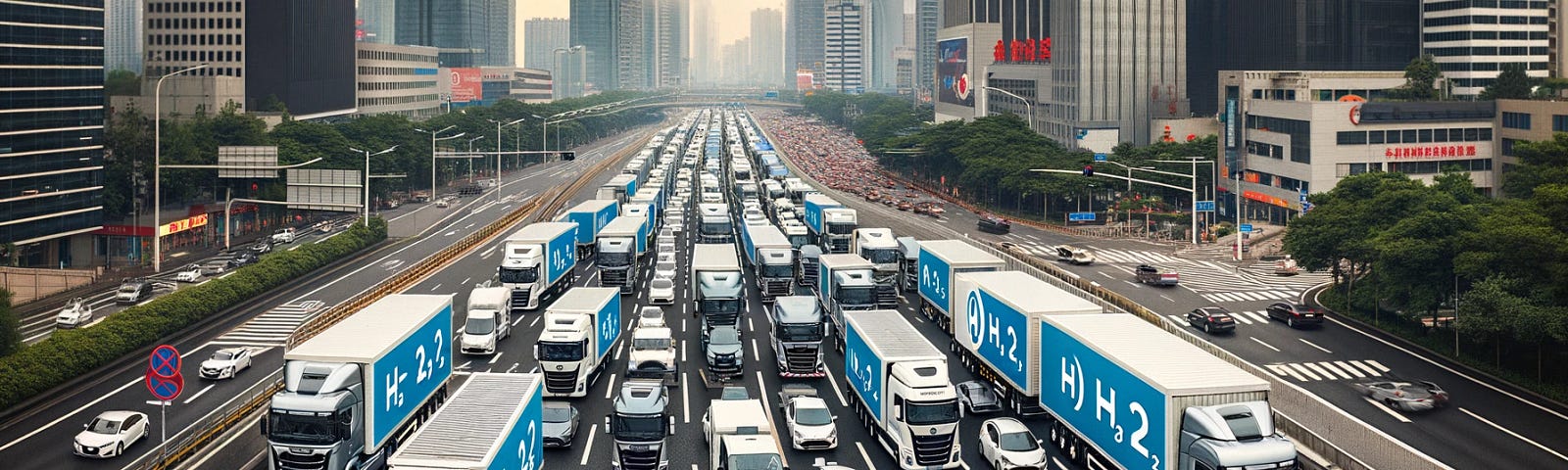 ChatGPT & DALL-E generated panoramic image of a traffic jam with only hydrogen-powered trucks and cars