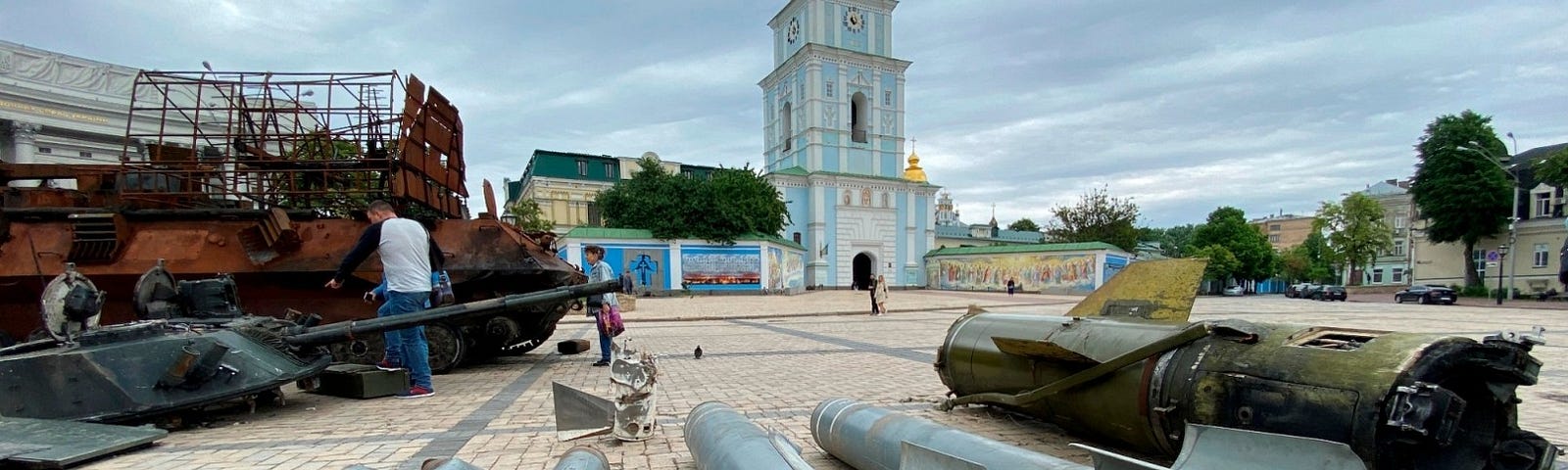 Russian weapons captured by Ukrainian forces seen in front of St. Michael’s Monastery in Kyiv, Ukraine, May 31, 2022. Photo by Ulf Mauder/Picture-Alliance/DPA/AP