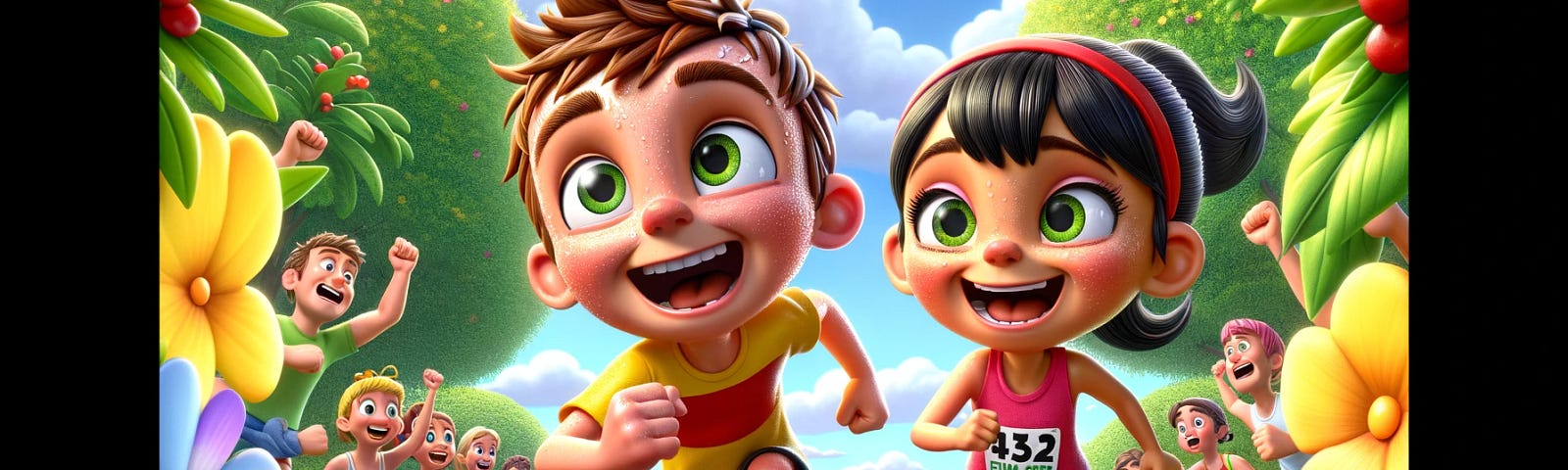 Timmy and Lucy race through a vibrant summer park, smiling and determined. Surrounded by green trees, colourful flowers, and cheering onlookers, they near the finish line together