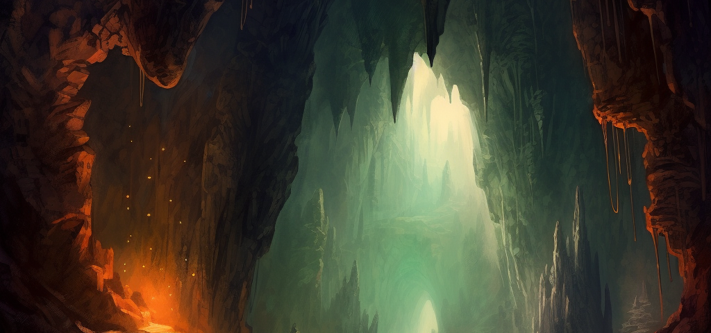 A vast mysterious cave, a figure in the foreground