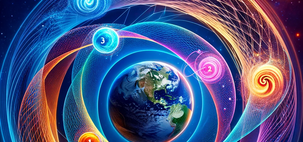 An artistic representation of the Earth encircled by colorful, dynamic patterns and lines symbolizing the intertwining of quantum, classical, and consciousness universes within the “3+1” structure.