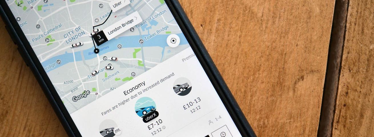 An illustration of the Uber ride-hailing app page showing a trip to be taken in London