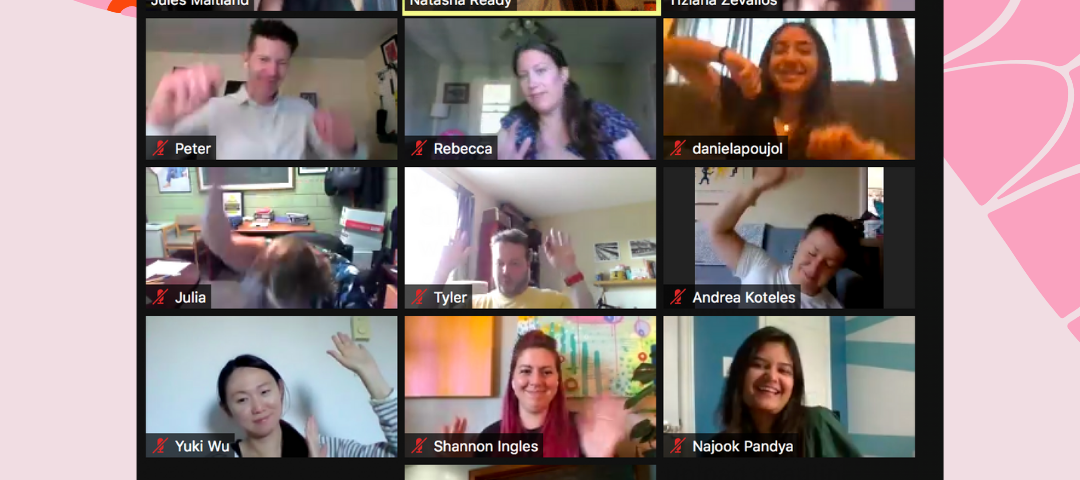 Thirteen people and one cat on a Zoom call dancing and celebrating the last day of the Global Service Jam. Black text on a pink background reads “Freddy Berry Jam Day 3 June 18, 2021.”