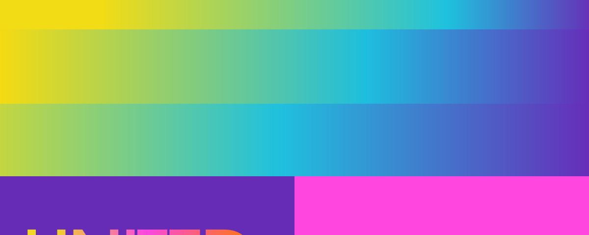 Eurovision 2024 promotional graphic; sorted into top half box (strips of yellow/green/blue gradients), bottom left corner box (“UNITED BY MUSIC” motto in yellow/orange/pink/red gradient font on purple background), and bottom right corner box (Eurovision 2024 logo on purpleish-pink background)