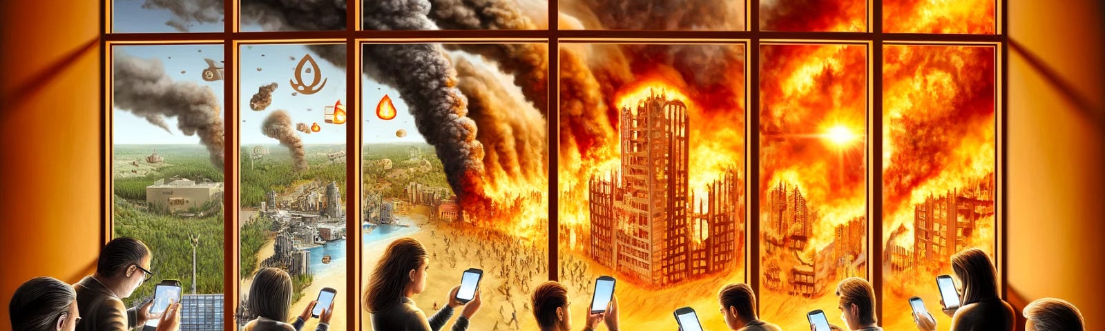 A group of people are absorbed in their smartphones, completely oblivious to the burning world outside the windows. The exterior shows raging fires, collapsing buildings, and dead forests, symbolizing environmental destruction. Inside, symbols of money and oil are scattered around, highlighting the causes of the devastation. The image conveys a strong sense of urgency and the consequences of ignoring reality.