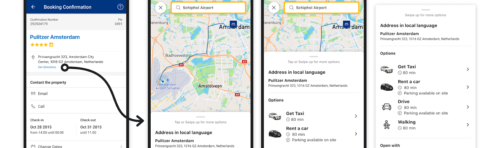 A mockup design of how Booking.com provided directions to the property