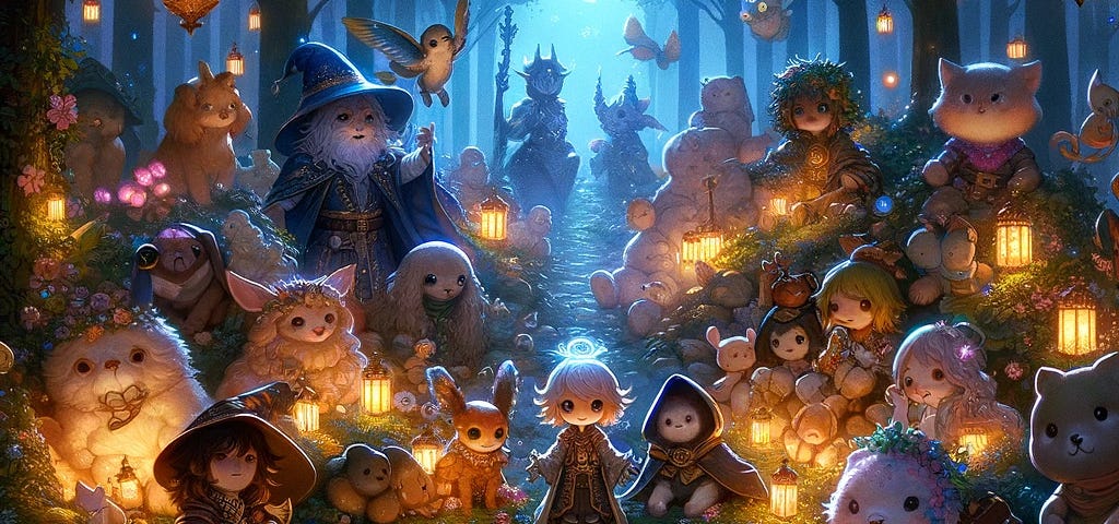 Enchanting forest scene for Starlight Prompts Week 4 with unique characters around a glowing manuscript, mixing fantasy with cute, magical details.