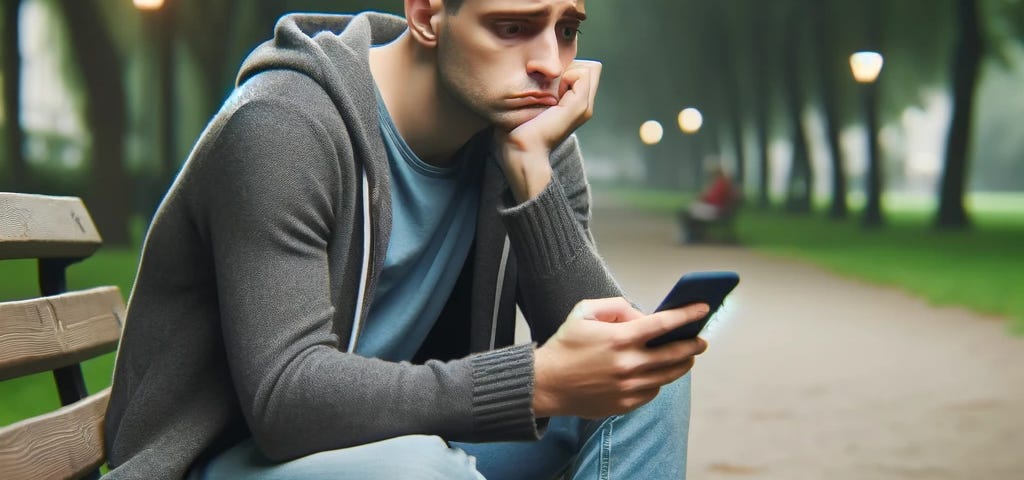 Here’s the illustration depicting the emotional impact of ghosting, with a person sitting alone on a bench, looking disappointed while holding a phone. This visual captures the sense of sadness and isolation often associated with being ghosted in online dating.