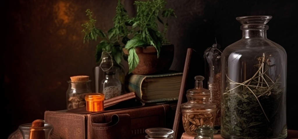 a set of herbs and jars from a medieval herbalist