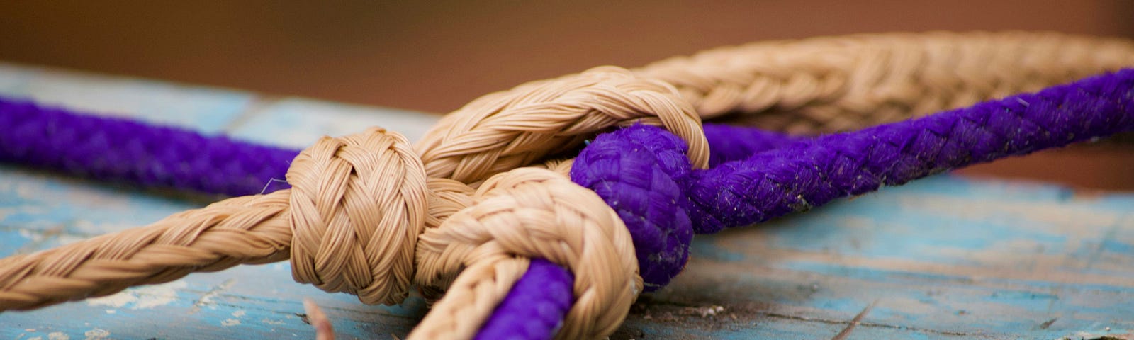 A beige and purple rope tied in a knot