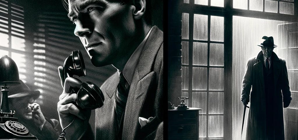 Intense noir scene with Detective Hadwin on phone, showing authority and fear, and Tom’s defiant last stand against Dr. Harper in a dimly lit, suspenseful night. Perfect for mystery and thriller enthusiasts.