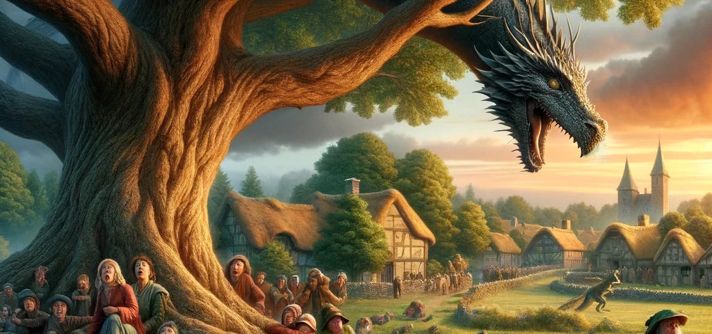 Jack negotiates with a curious dragon under an ancient oak, villagers watch in awe, realistic setting captures unique faces, serene negotiation changes the village’s fate.