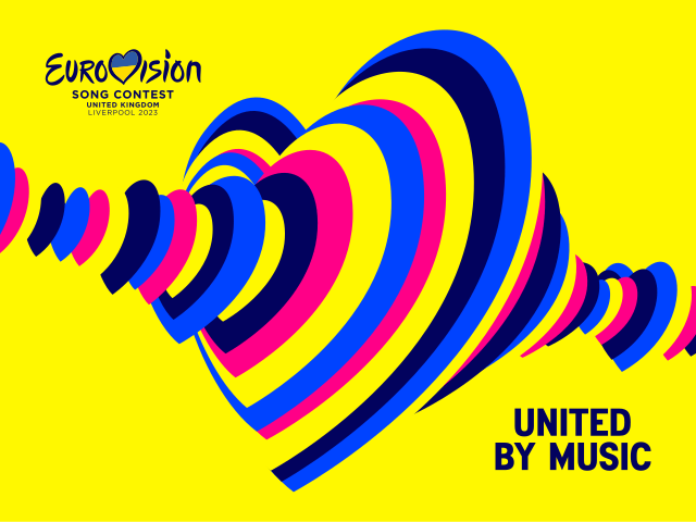 Eurovision 2023 promotional graphic; Pulsing hearts in pink, blue, black like a 3D sound wave on yellow background, Eurovision 2023 logo in top left and “UNITED BY MUSIC” motto in bottom right