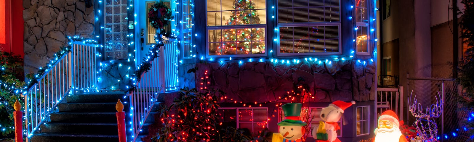 A house dressed to the roof with Christmas decorations.