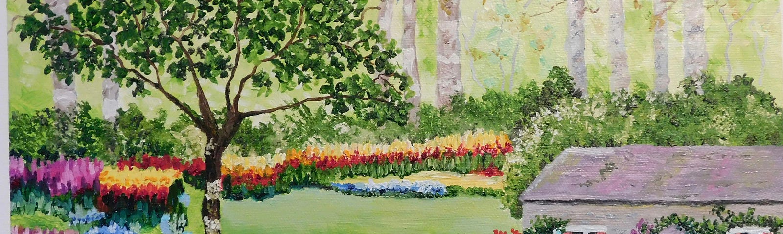 a painting of a house near a river with trees and flowers